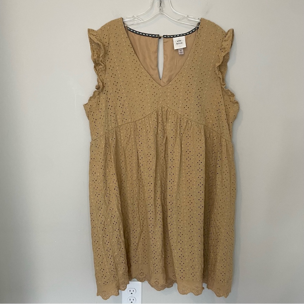 KNOX ROSE Dress XL Tan Eyelet Babydoll Mini Dress Western Country
